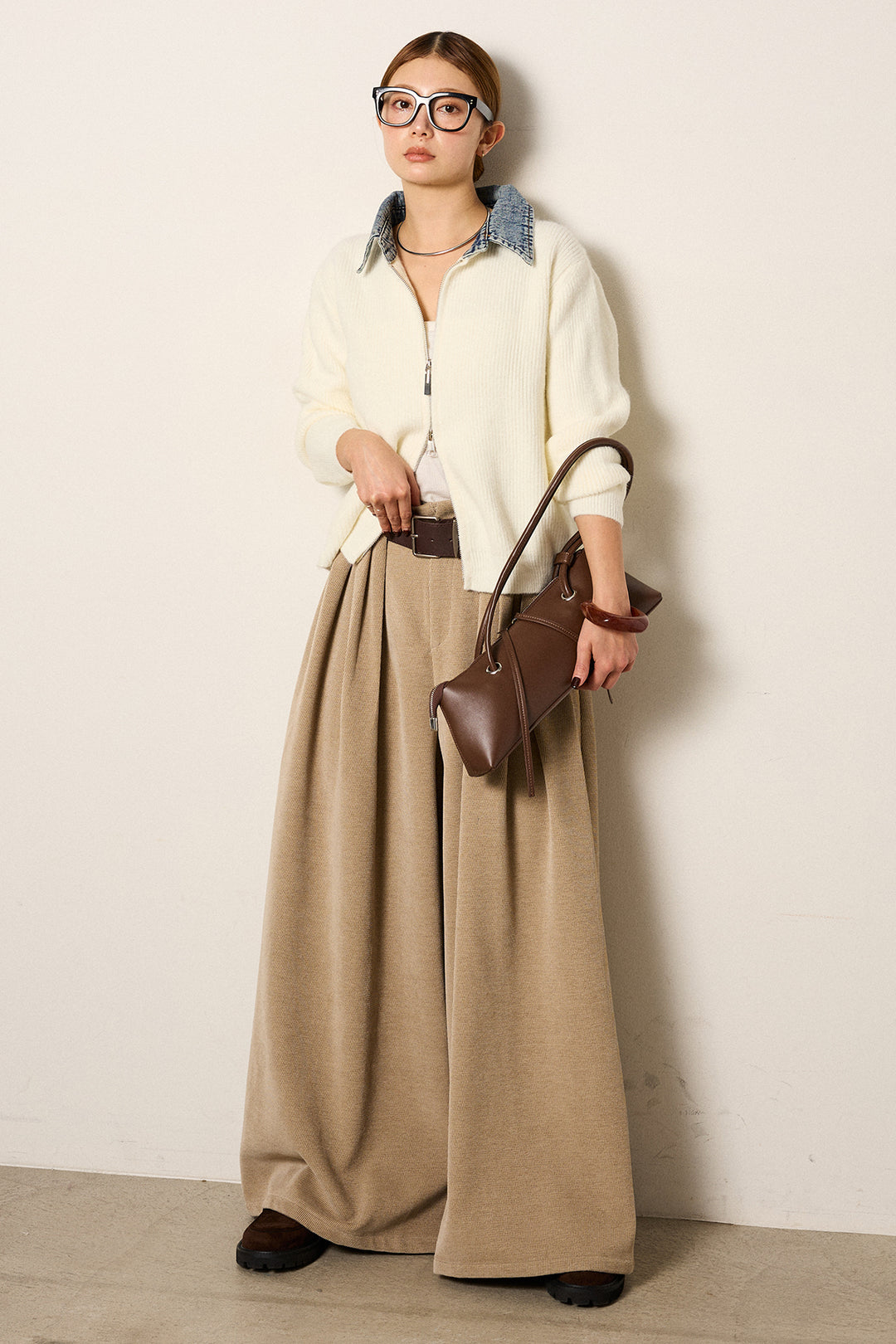 [SET]デニム襟ダブルジップニットトップス+ベルトループコーデュロイワイドパンツ(2set)