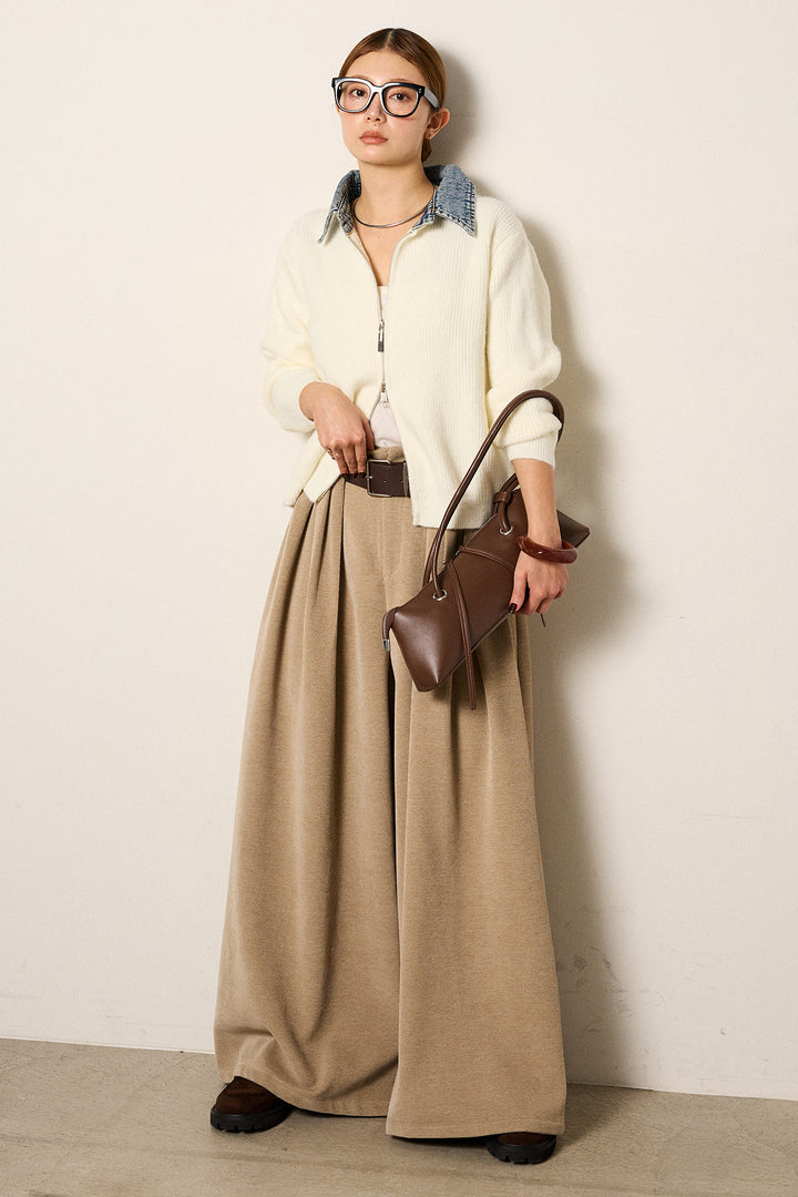 [SET]デニム襟ダブルジップニットトップス+ベルトループコーデュロイワイドパンツ(2set)