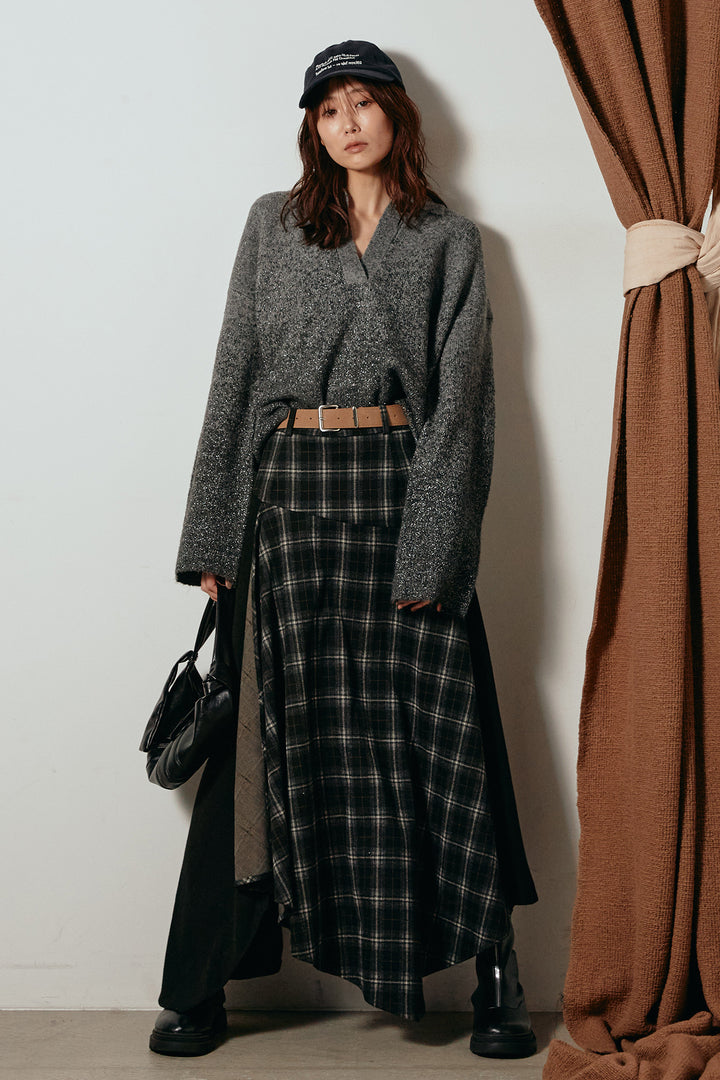 [SET]グラデーションラメニットキーネックプルオーバー+フェイクレザーベルト付き切り替えタータンチェックスカート(2set)