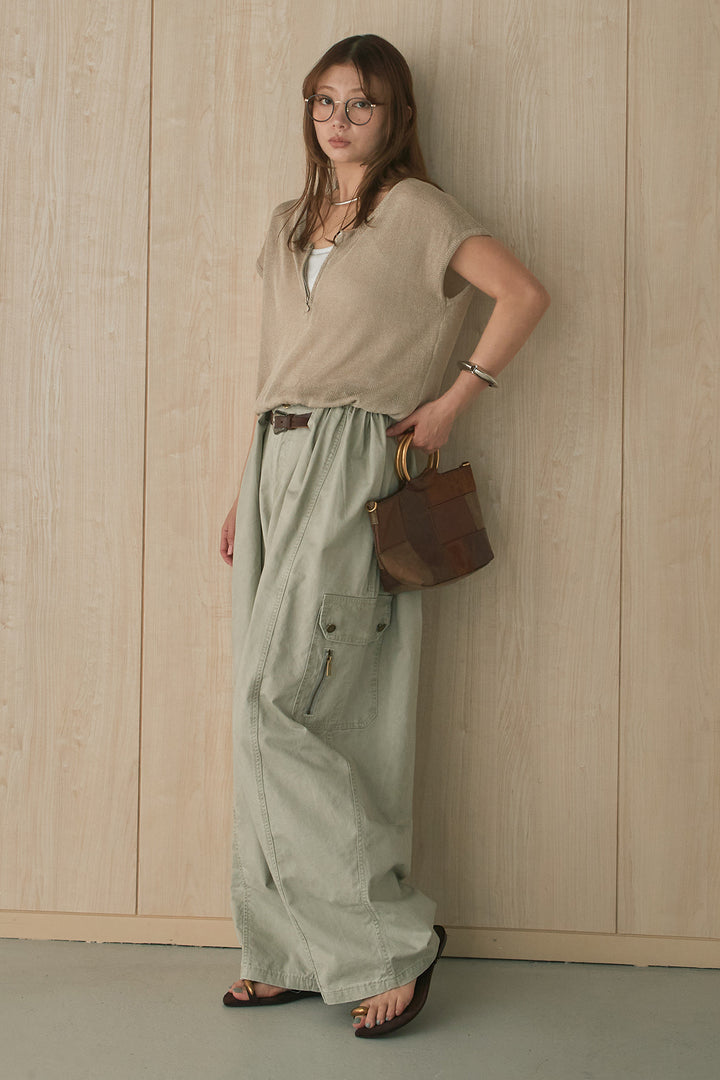 [SET]麻混インナー付きジップトップス+コットンベルトループカーブワイドパンツ(2set)