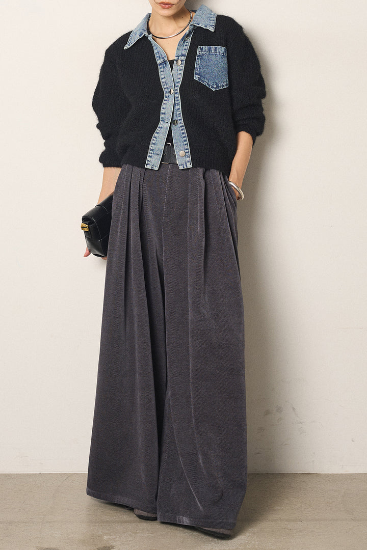 [SET]襟付きデニム切替ニットカーディガン+ベルトループコーデュロイワイドパンツ(2set)