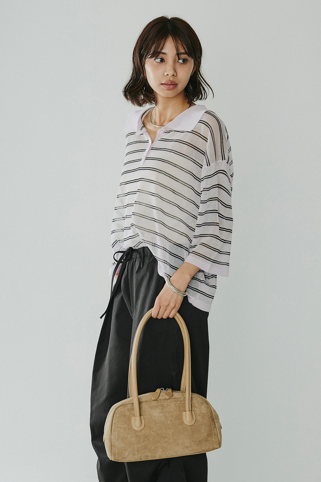 [SET]ボーダーニットポロシャツ+ニーサイドタックウエストドロスパンツ(2set)