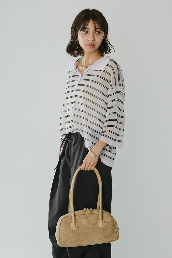 [SET]ボーダーニットポロシャツ+ニーサイドタックウエストドロスパンツ(2set)