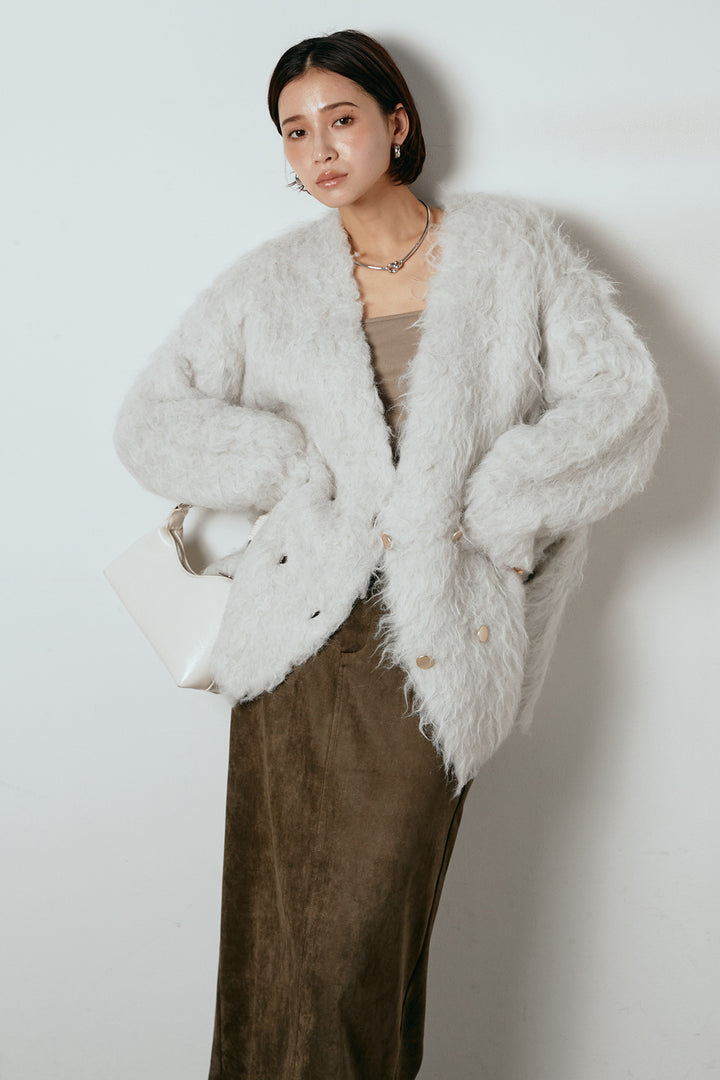 [SET]ウェーブシャギーニットジャケット+スウェードライク裾フリンジスカート(2set)