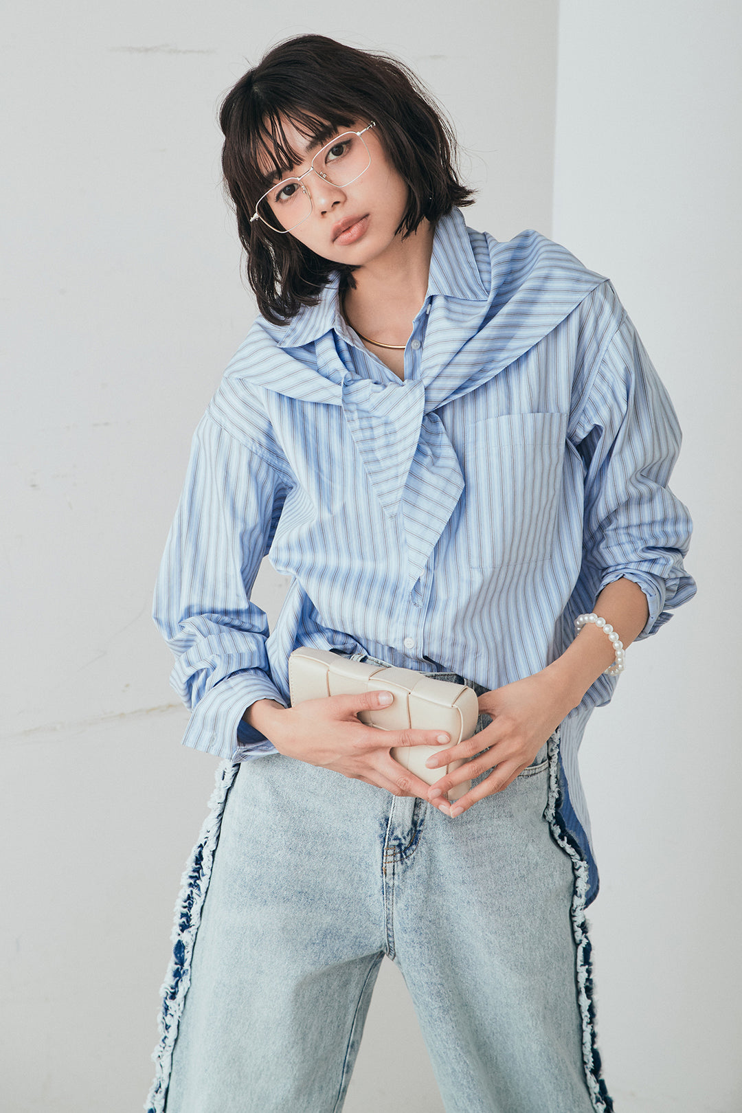 [SET]ランダムストライプスカーフ付きシャツ+デニムサイドフリルパンツ(2set)