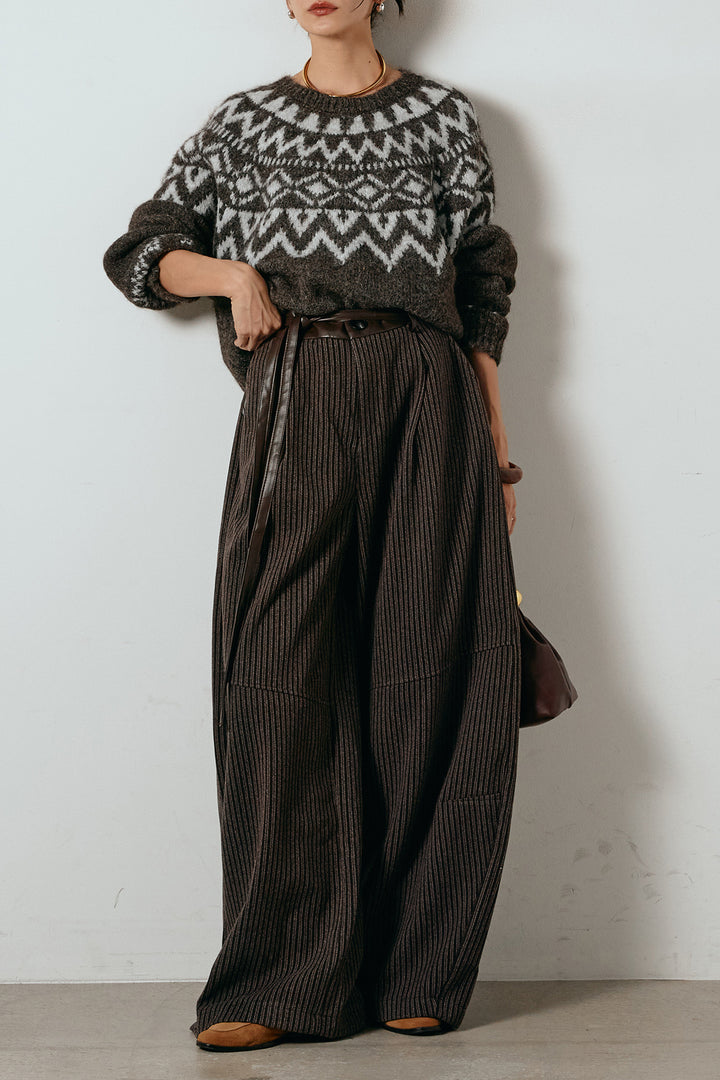 [SET]ノルディック柄Uネックプルオーバー+レザーライク配色ストライプパンツ(2set)