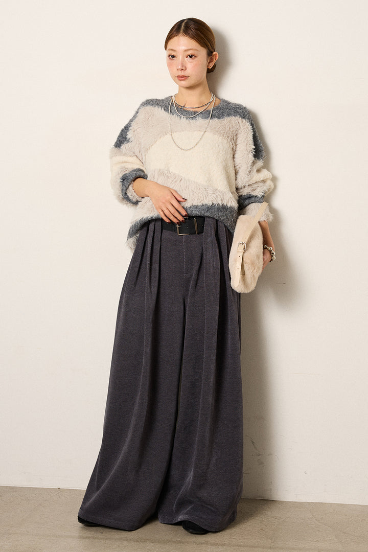 [SET]シャギーウェーブ柄クルーネックニットトップス+ベルトループコーデュロイワイドパンツ(2set)