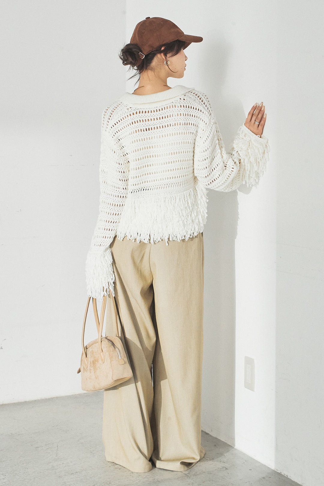 [SET]メッシュフリンジカーディガン+編みベルト付きウエストタックワイドパンツ(2set)