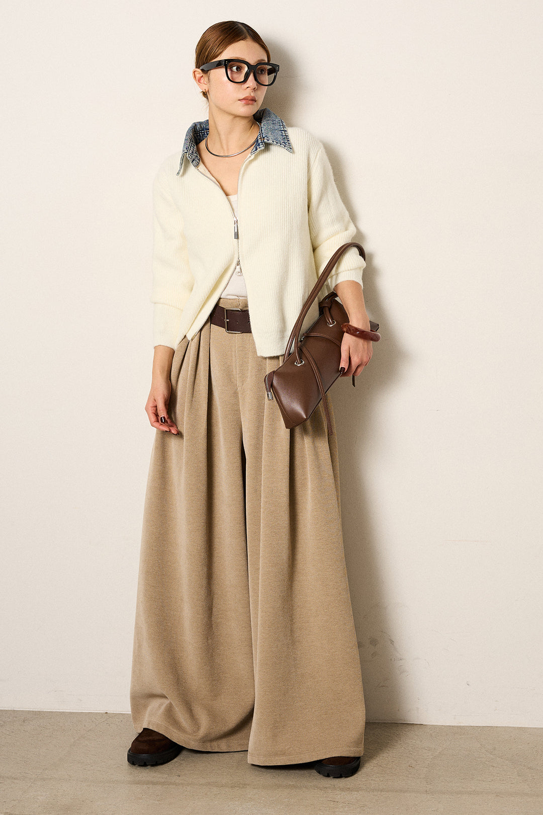 [SET]デニム襟ダブルジップニットトップス+ベルトループコーデュロイワイドパンツ(2set)