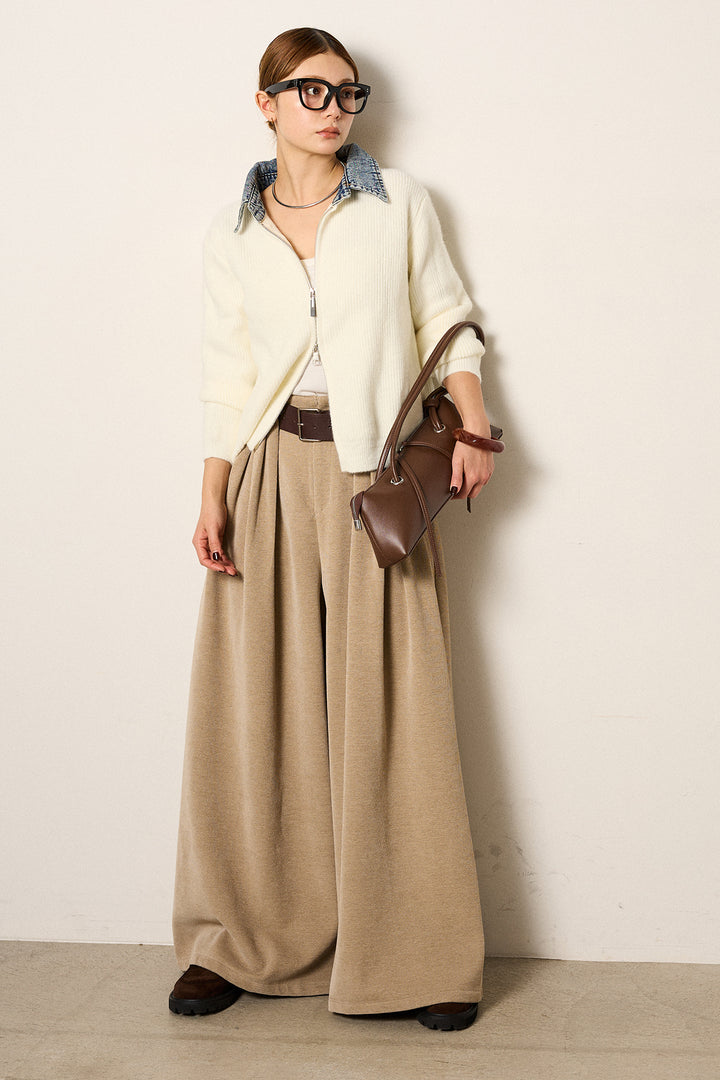 [SET]デニム襟ダブルジップニットトップス+ベルトループコーデュロイワイドパンツ(2set)