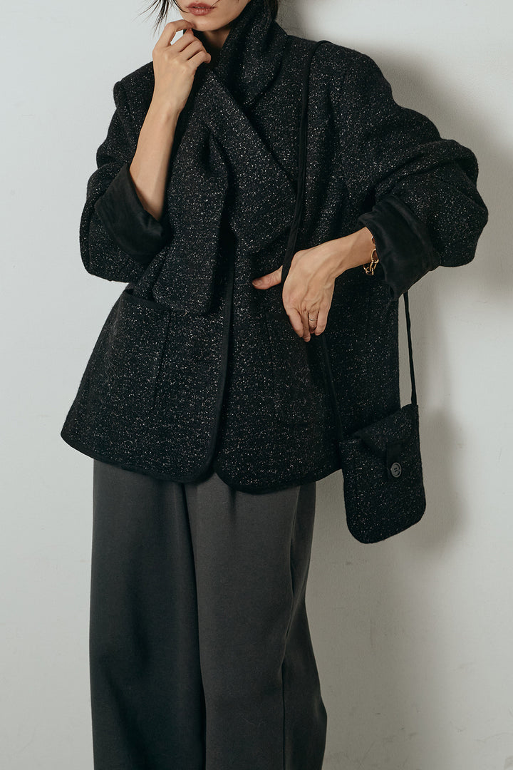 [SET]ノーカラーマフラーバッグ付きアウター+裏起毛スウェットワイドパンツ(2set)