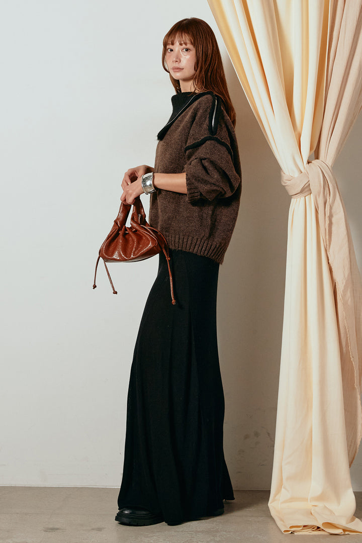 [SET]ハイネックジップデザインニットトップス+サイド切り替えリブニットロングスカート(2set)