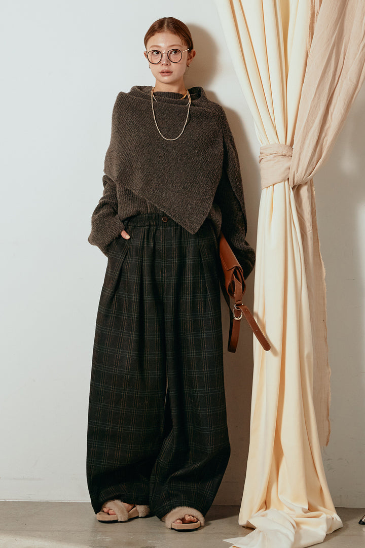 [SET]ケープデザインリブニットトップス+タータンチェック柄タックパンツ(2set)