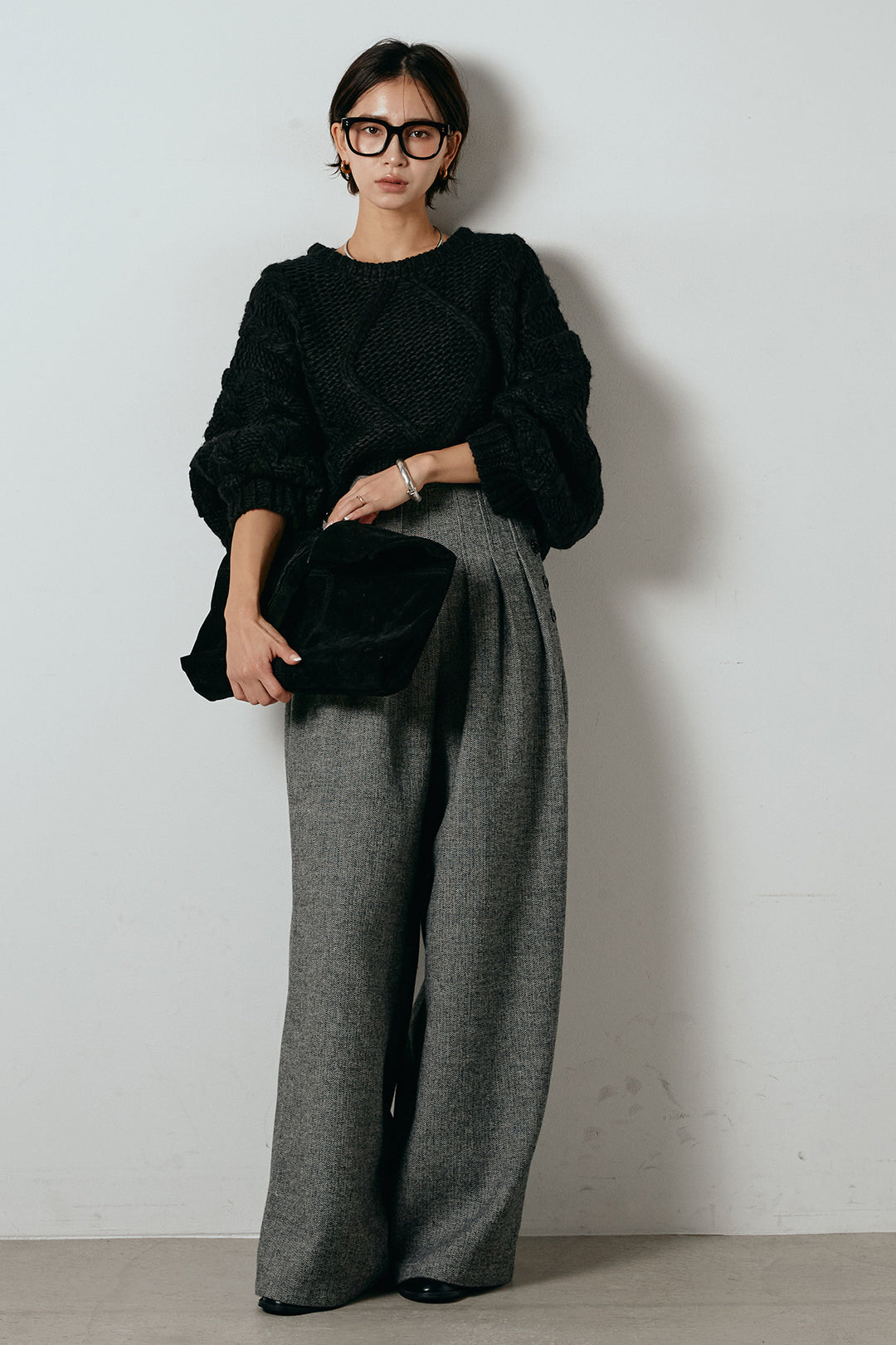 [SET]ロービングケーブルショート丈プルオーバー+サイドボタンツイードタックパンツ(2set)