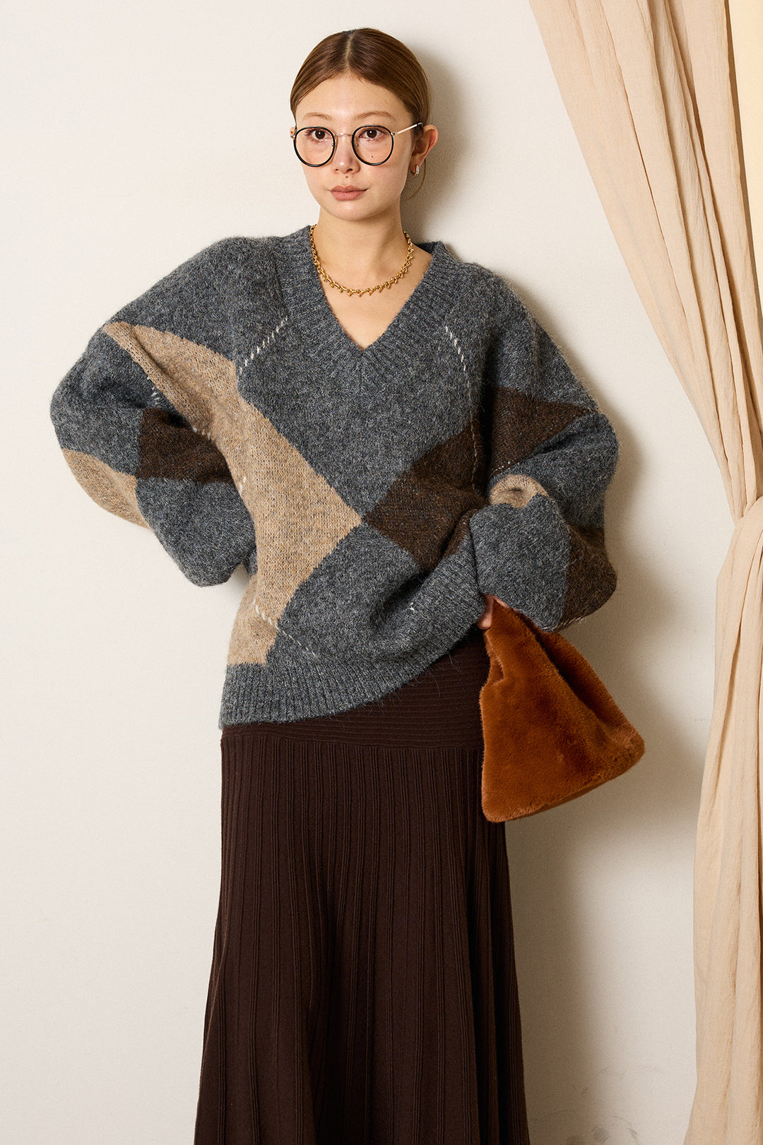 【着回しセット】[SET]ルーズアーガイルVネックニット+編み地切り替えフレアニットスカート+編み地切り替えフレアニットスカート(3set)