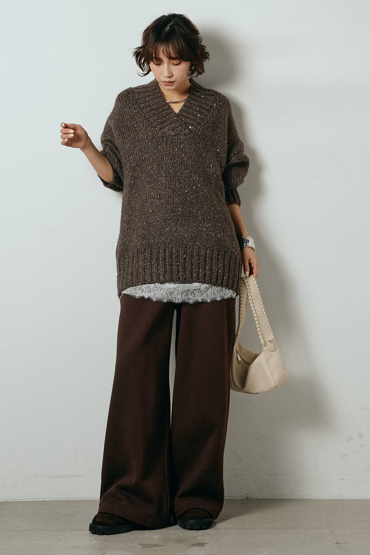 [SET]Vネックラメニットトップス+レース切り替えキャミソール(2set)