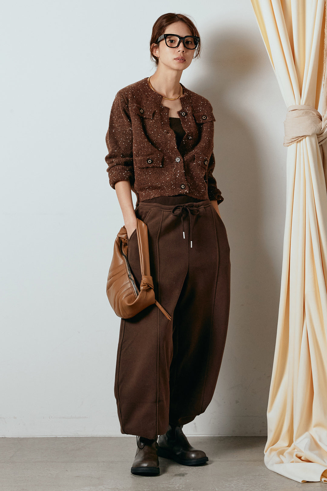 [SET]ネップニットカーディガン+スウェットワイドカーブパンツ(2set)