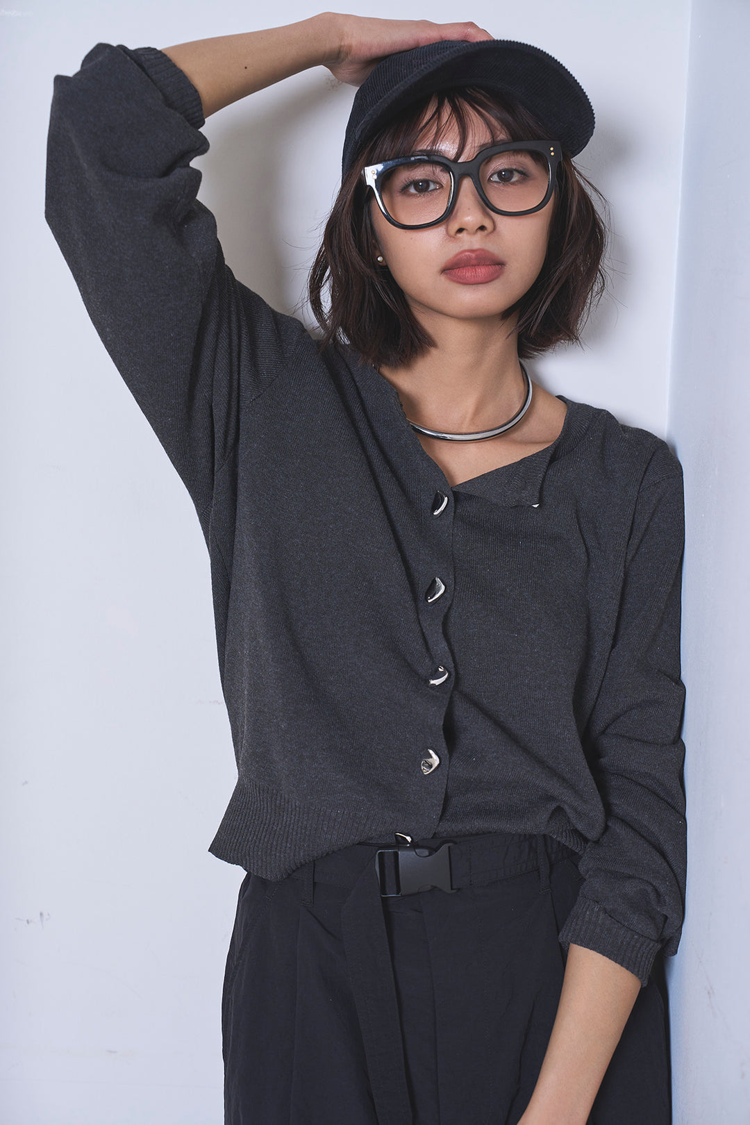 [SET]リサイクルポリニュアンス釦カーデ+撥水加工ナイロンスカート(2set)