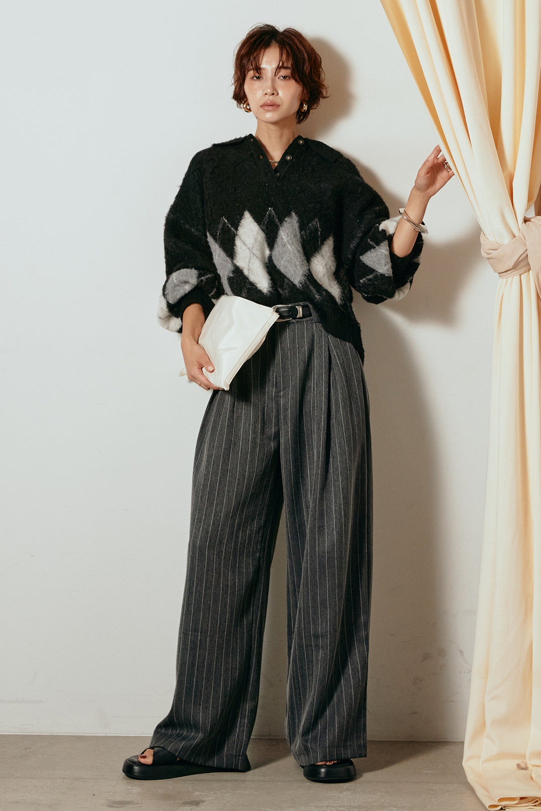 [SET]アーガイル柄ポロニットトップス+ストライプヘリンボーンパンツ(2set)