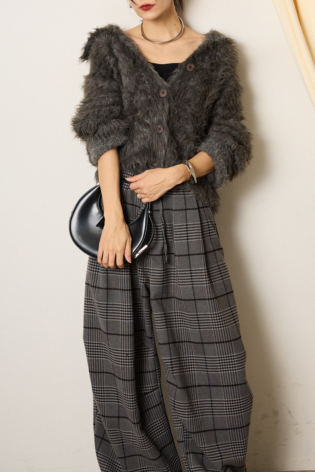 [SET]襟付きシャギーニットカーディガン+グレンチェックルーズタックパンツ(2set)