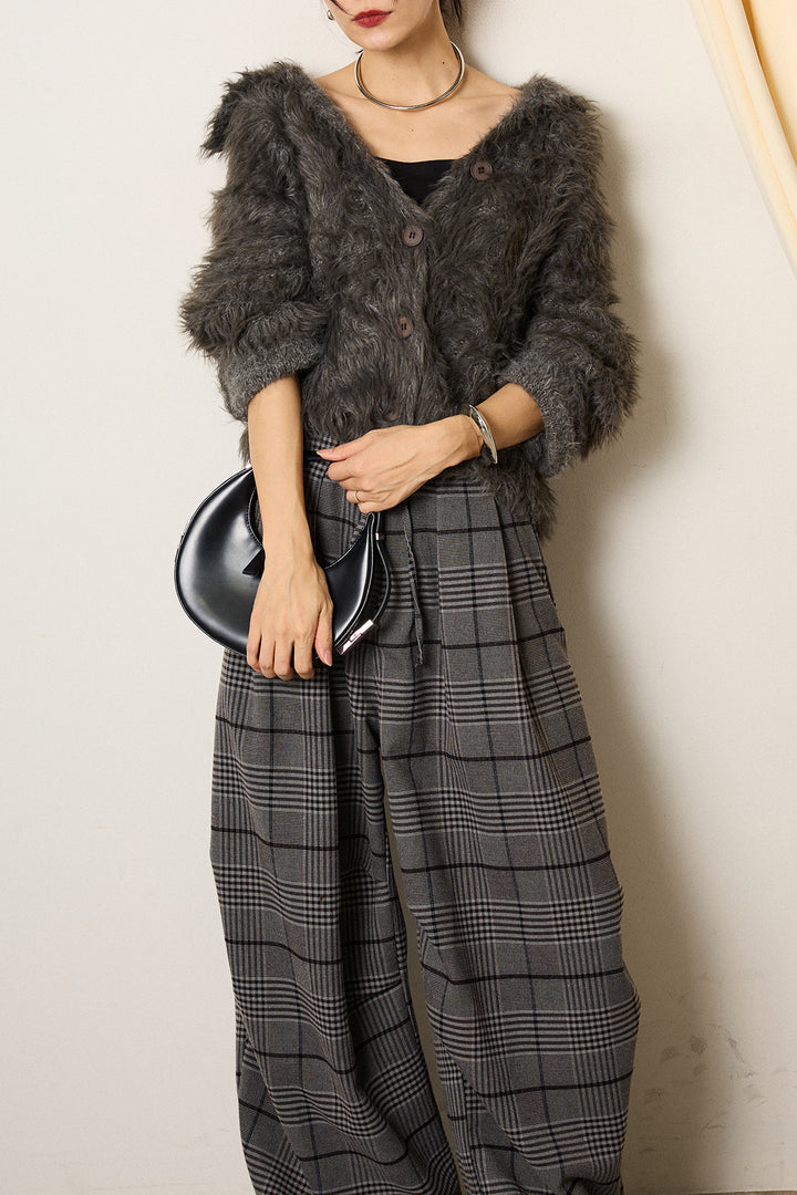 [SET]襟付きシャギーニットカーディガン+グレンチェックルーズタックパンツ(2set)