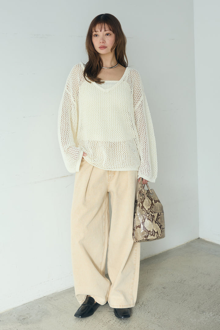 [SET]メッシュ編みビスチェセットVネックプルオーバー+カラーデニムタックカーブパンツ(2set)