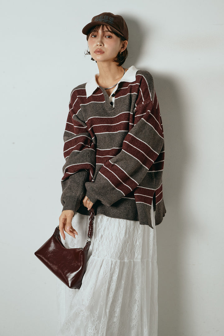 [SET]ラガーニットボーダーポロプルオーバー+ひげレース切替ロング丈スカート(2set)