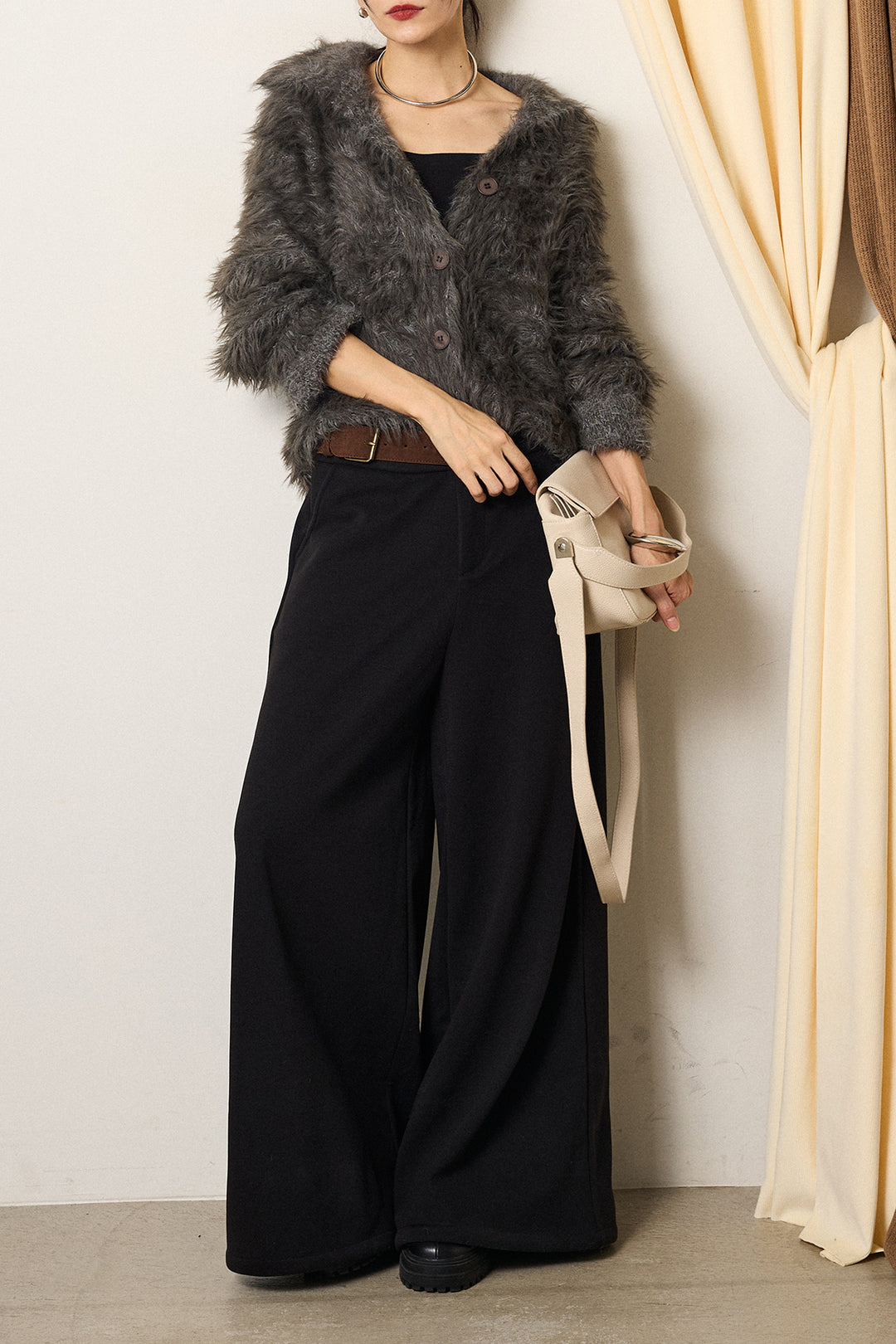 [SET]襟付きシャギーニットカーディガン+サイドベルトパンツ(2set)