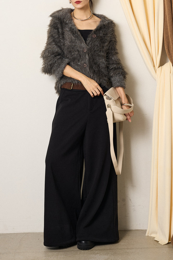 [SET]襟付きシャギーニットカーディガン+サイドベルトパンツ(2set)