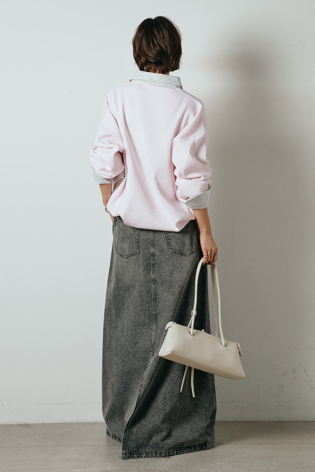 [SET]ストライプシャツドッキングポロトップス+デニムロングフレアスカート(2set)