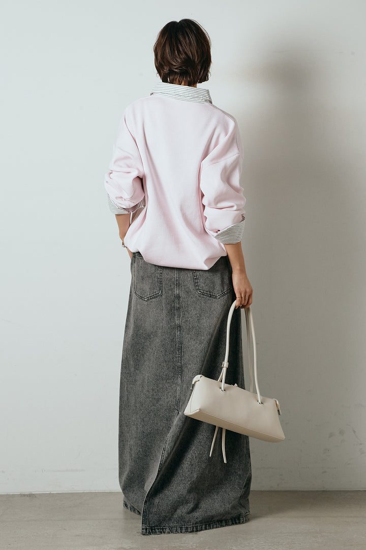 [SET]ストライプシャツドッキングポロトップス+デニムロングフレアスカート(2set)