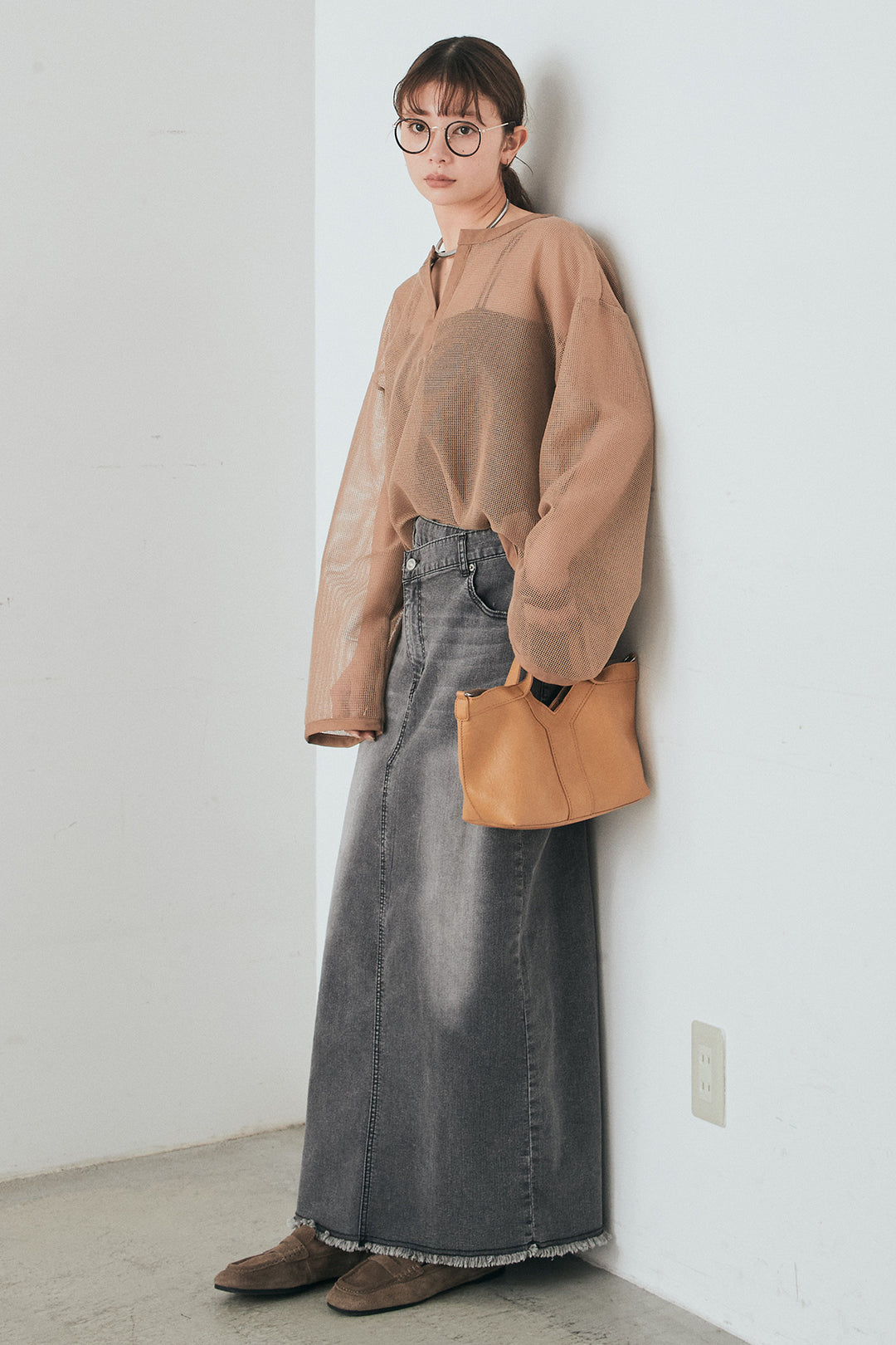 [SET]メッシュカットソースキッパープルオーバー+ウエストクロスデニムタイトスカート(2set)