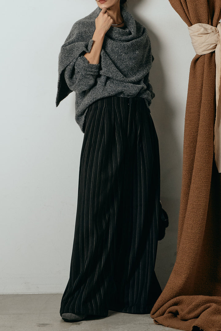 [SET]ネック巻きデザインニットトップス+タック入りマルチストライプ柄ワイドパンツ(2set)