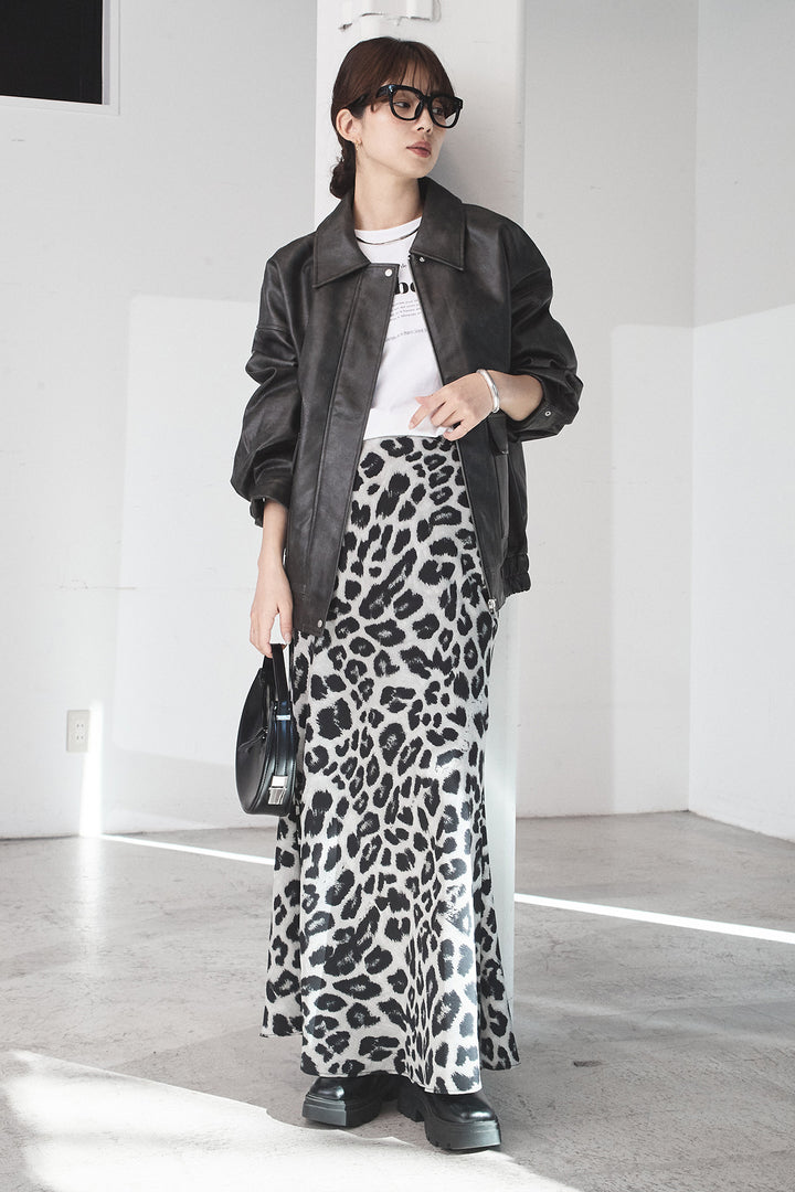 [SET]レザーライクオーバーサイズブルゾン+レオパードサテンナロースカート(2set)