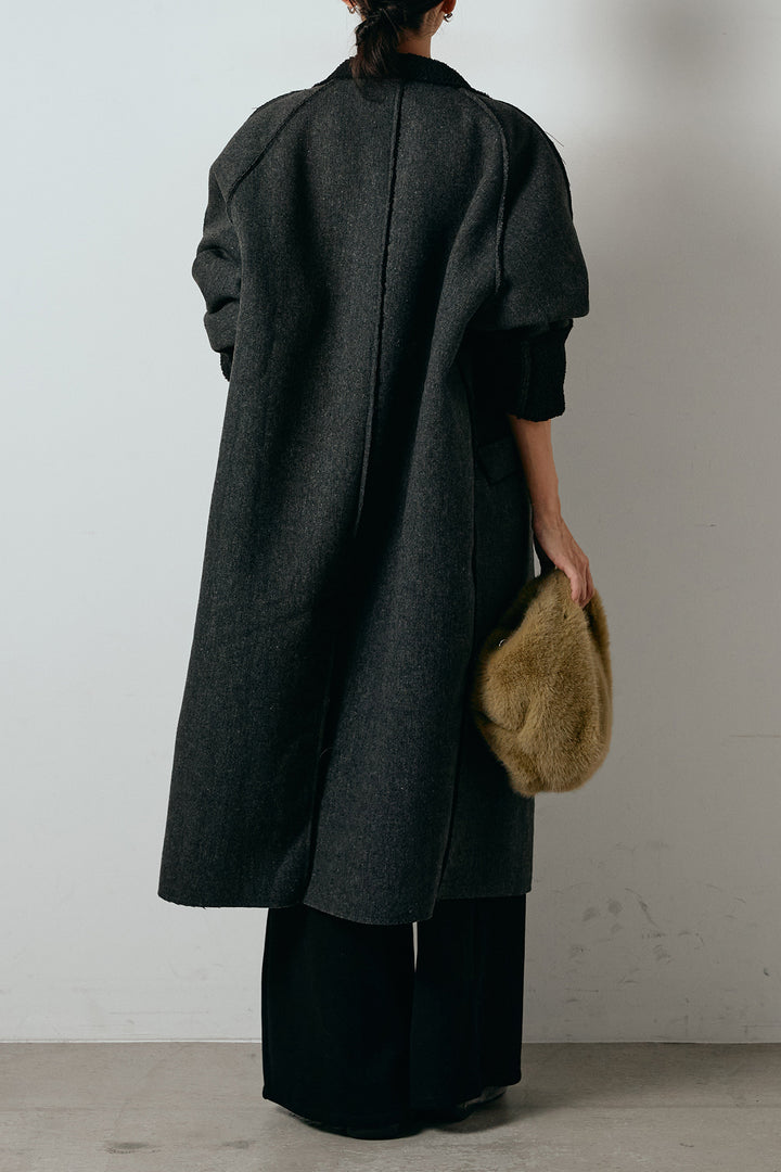 [SET]裏地ボアハイネックロングアウター+フェイクレザー太ベルト付きタックワイドパンツ(2set)