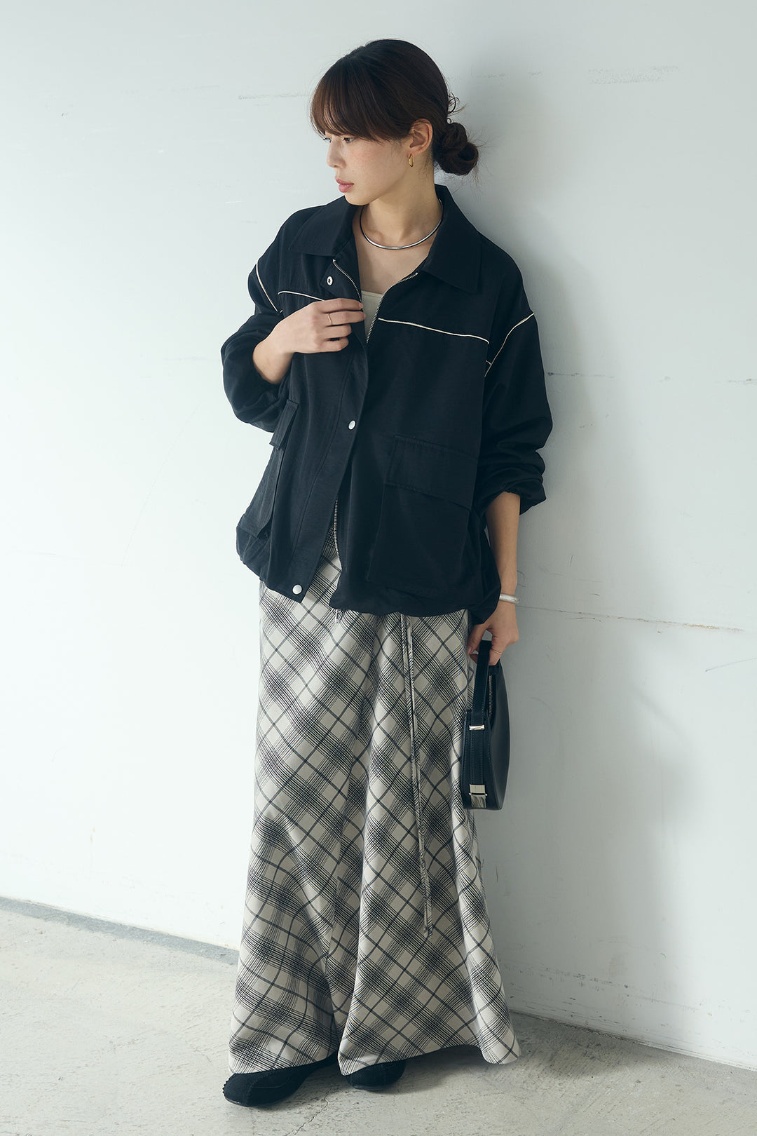 [SET]合繊ツイルバルーンジャケット+タータンチェック柄フロントデザインスカート(2set)