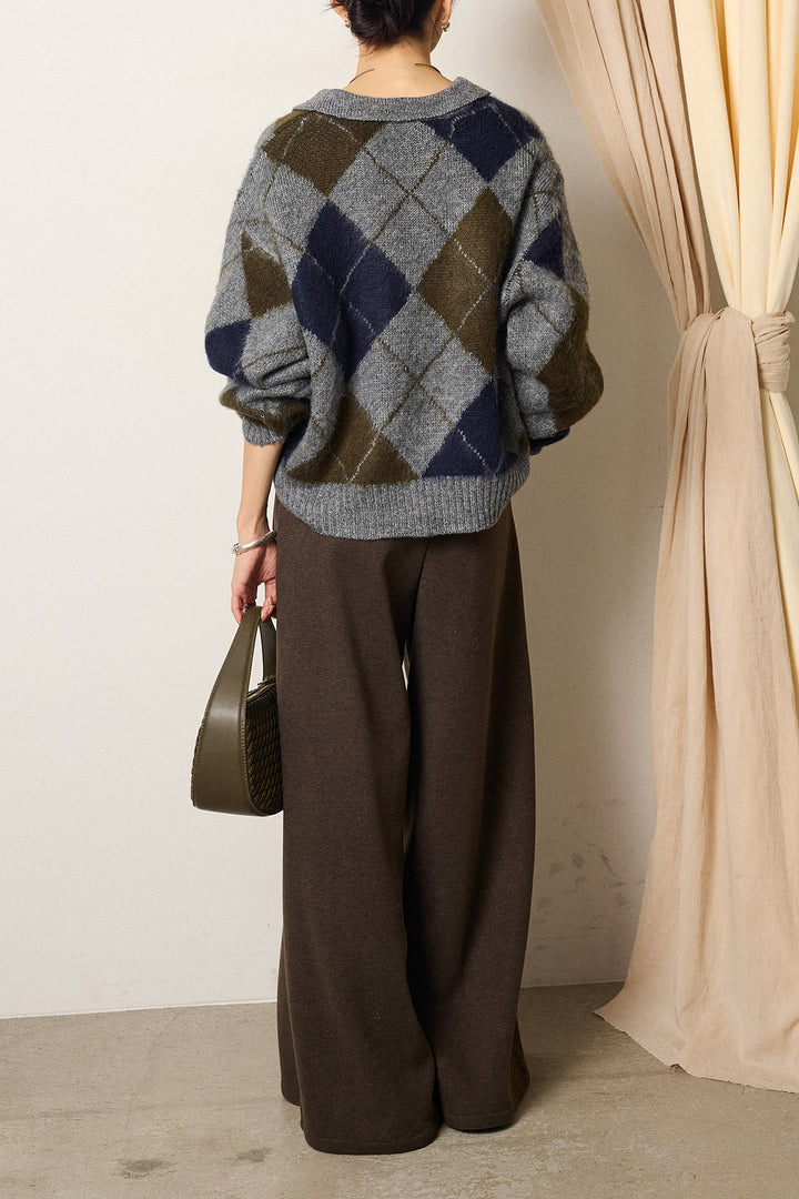[SET]アクリルモヘアアーガイルキーネックプルオーバー+サイドベルトパンツ(2set)