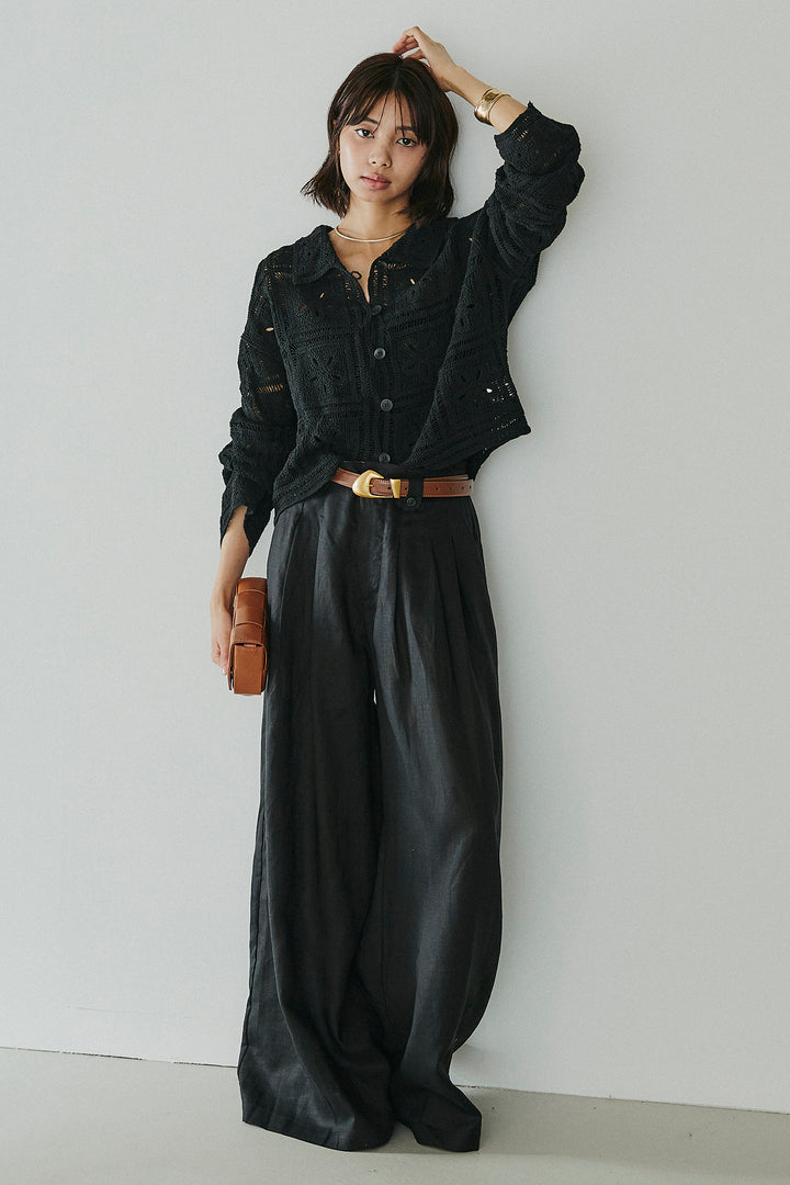 [SET]鍵編みフラワーレースカーディガン+タック入りワイドパンツ(2set)