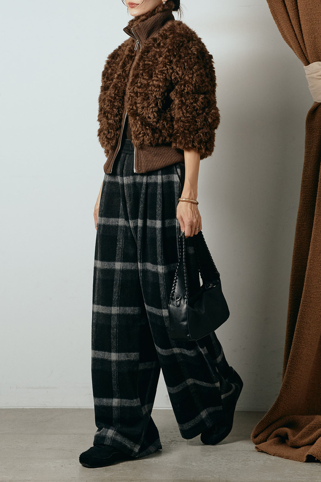 [SET]ハイネックショート丈ボアジップブルゾン+起毛タータンチェック柄ワイドパンツ(2set)