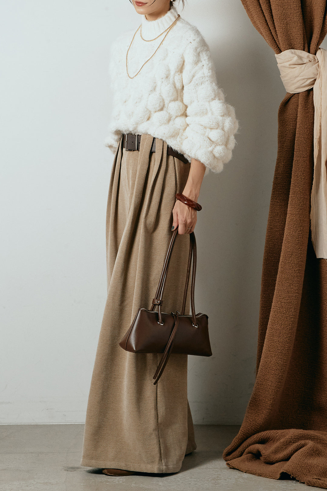 [SET]ボリュームポップコーンニットトップス+ベルトループコーデュロイワイドパンツ(2set)