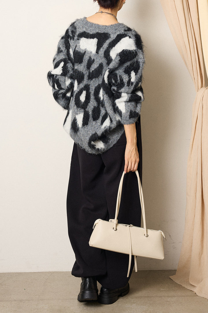 [SET]ルーズアニマルモヘアニットトップス+スウェットワイドカーブパンツ(2set)