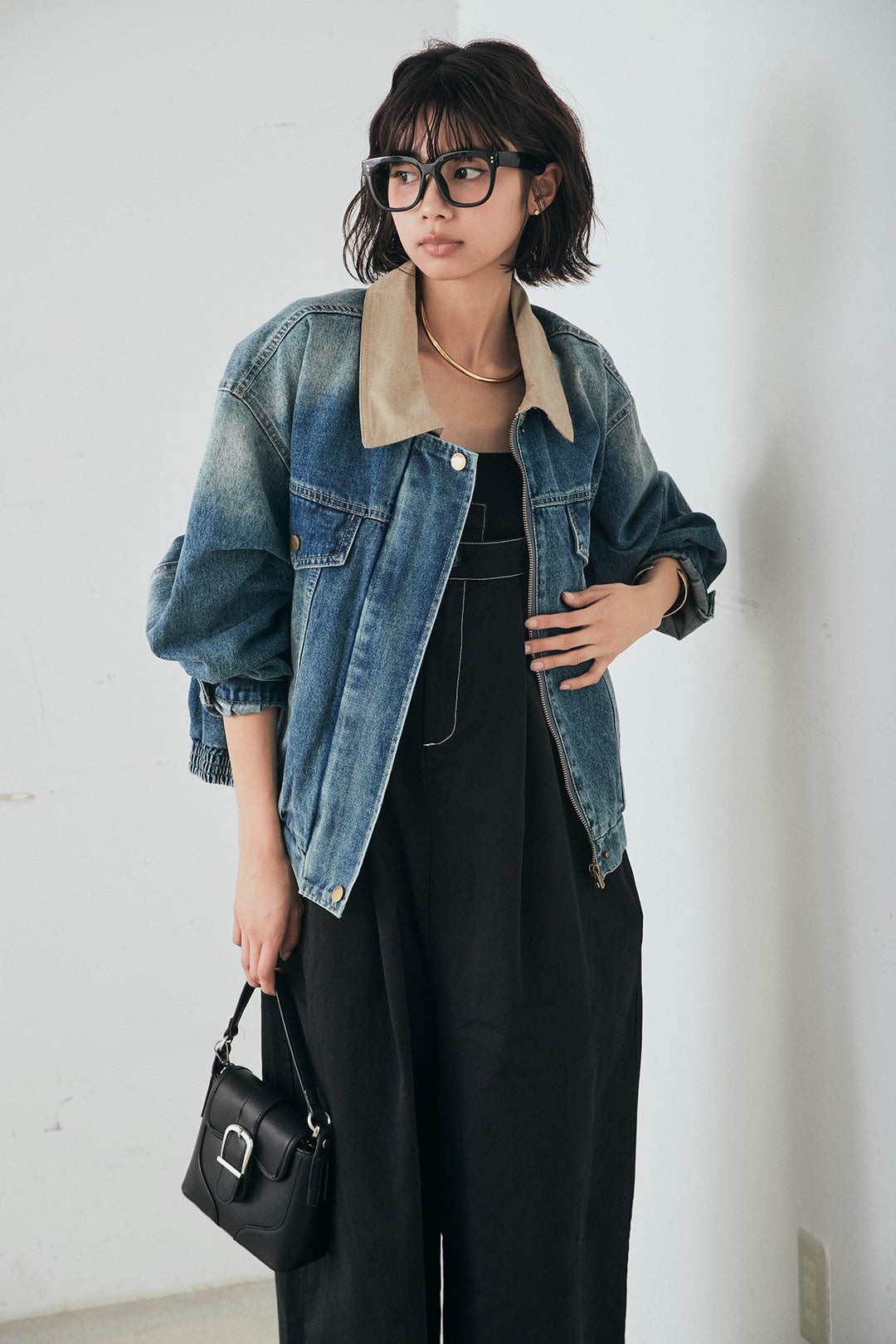 [SET]襟切り替えジップデニムジャケット+綿ツイルアシメサロペット(2set)