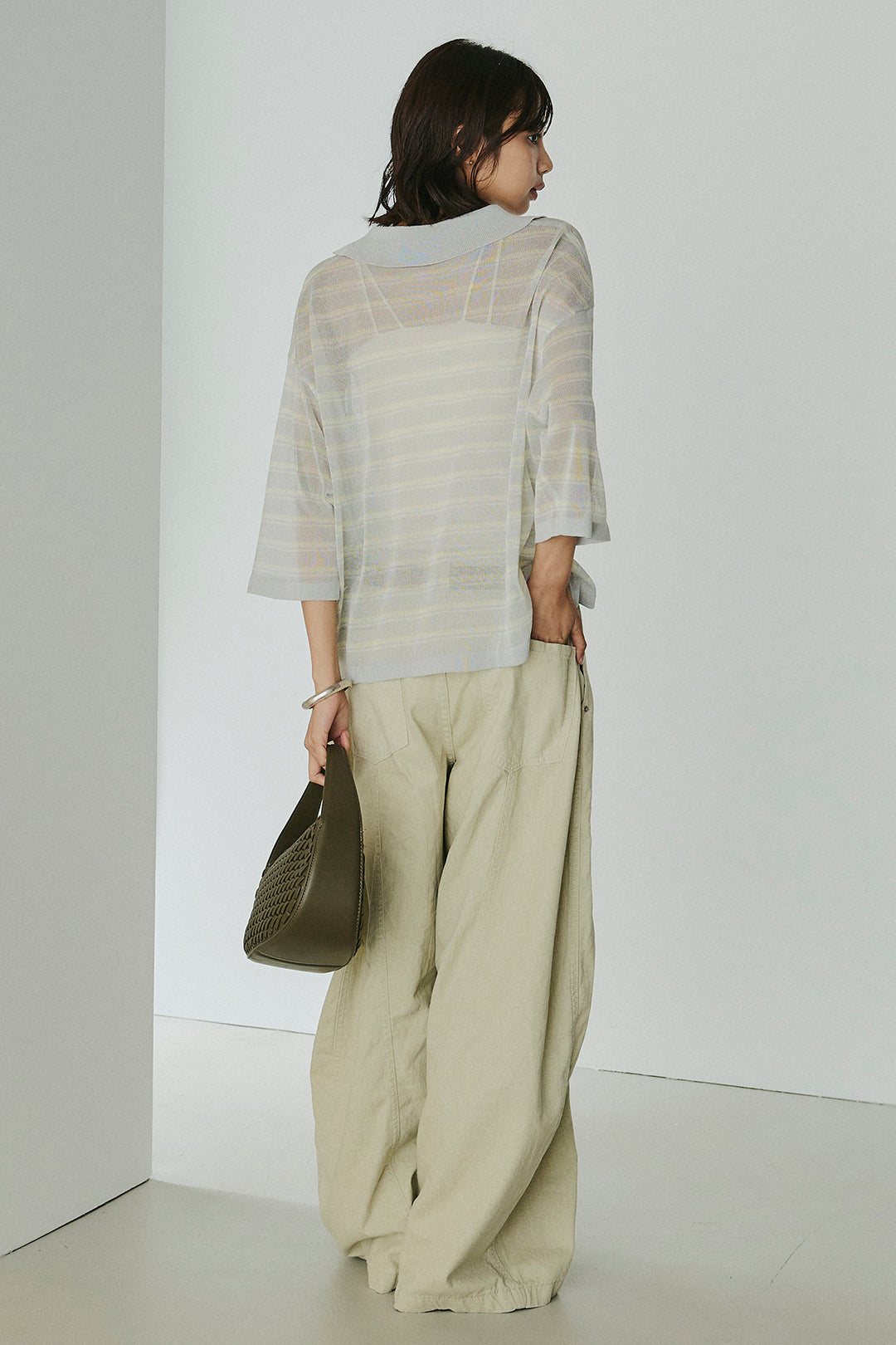 [SET]ボーダーニットポロシャツ+サイドベルトカーブワイドパンツ(2set)