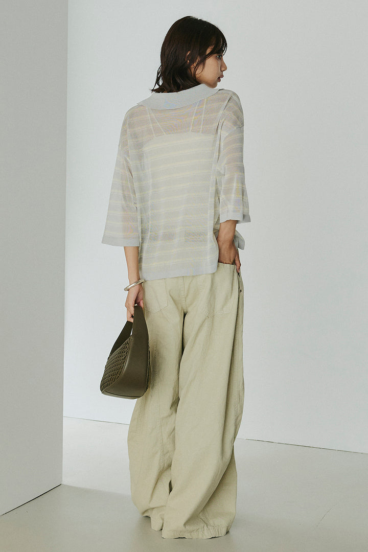 [SET]ボーダーニットポロシャツ+サイドベルトカーブワイドパンツ(2set)