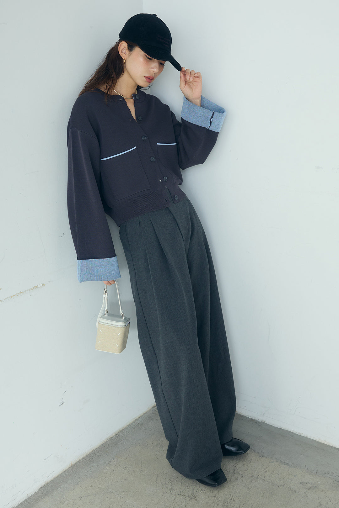 [SET]レーヨンポリダブルフェイスカーディガン+サイドベルトタック入りスラックス(2set)