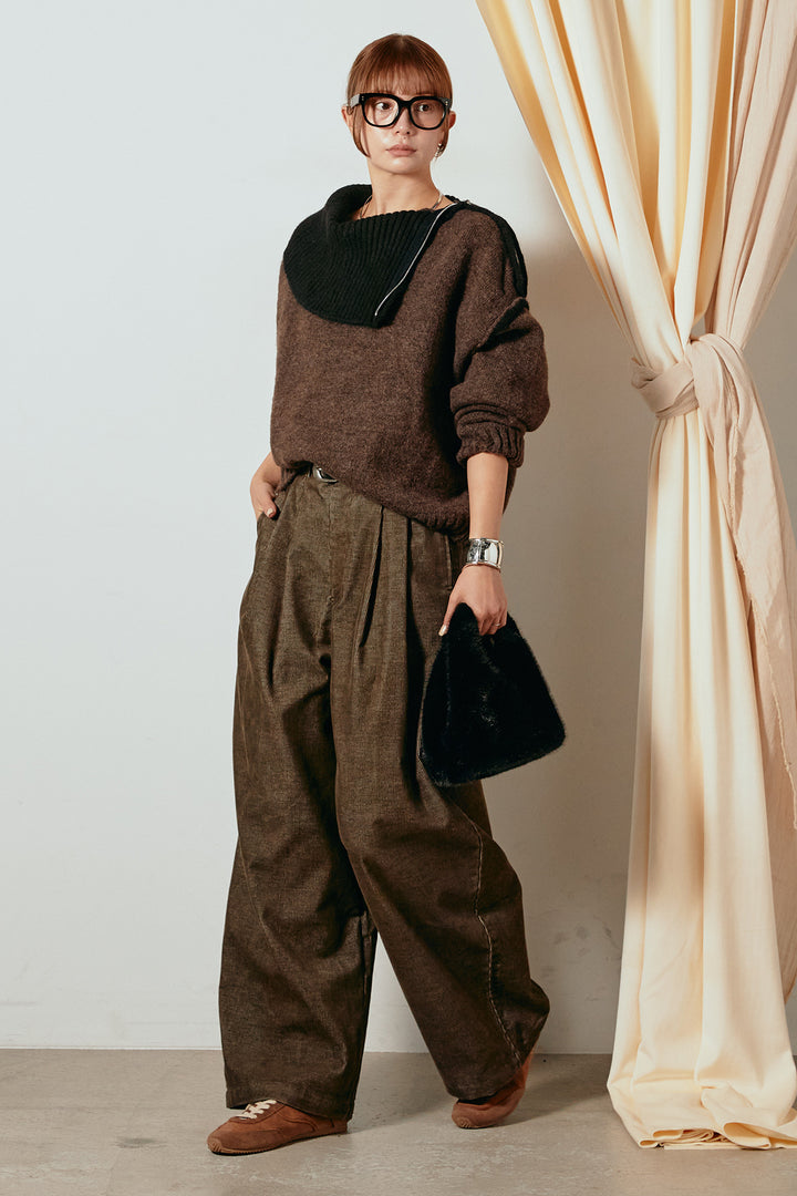 [SET]ハイネックジップデザインニットトップス+フロントタック入りコーデュロイパンツ(2set)