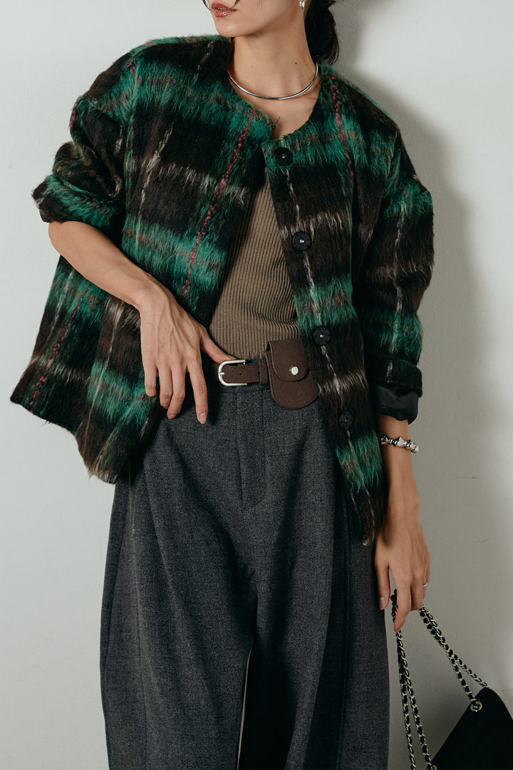 [SET]ノーカラーシャギーチェックアウター+ポーチベルト付きカーブパンツ(2set)