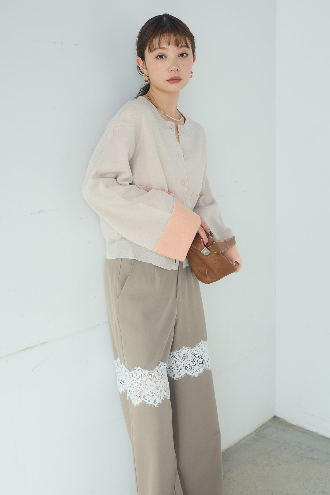 [SET]レーヨンポリダブルフェイスカーディガン+レース刺繍切替ワイドパンツ(2set)
