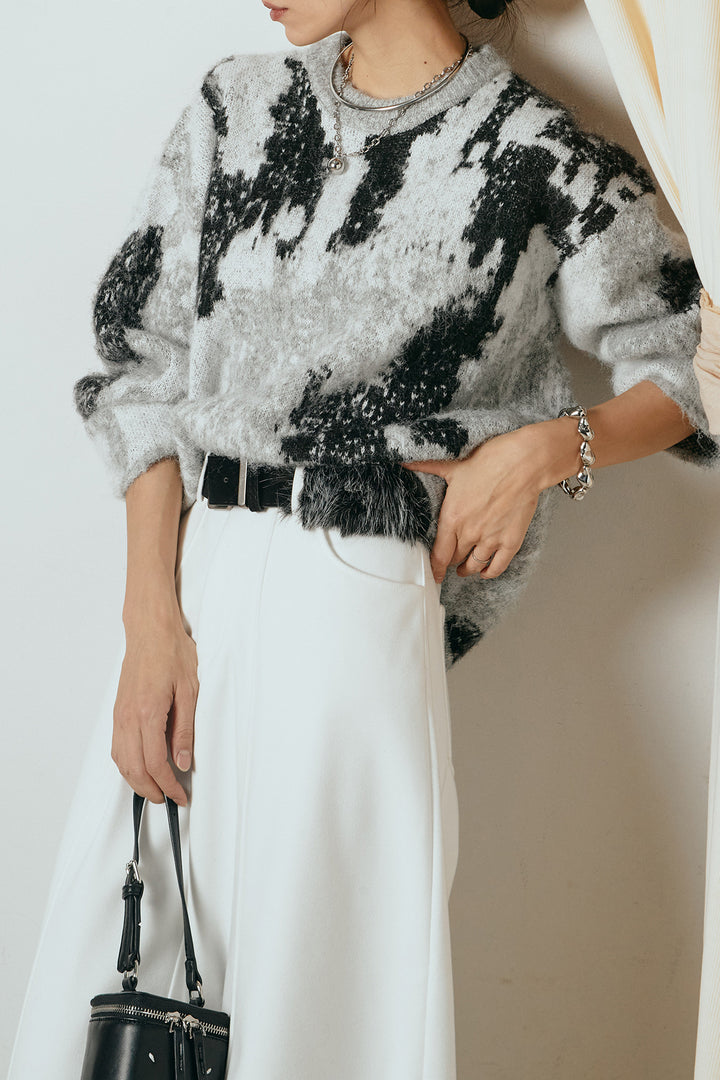 [SET]起毛ニュアンス柄ニットプルオーバー+ファーベルト付きワイドパンツ(2set)