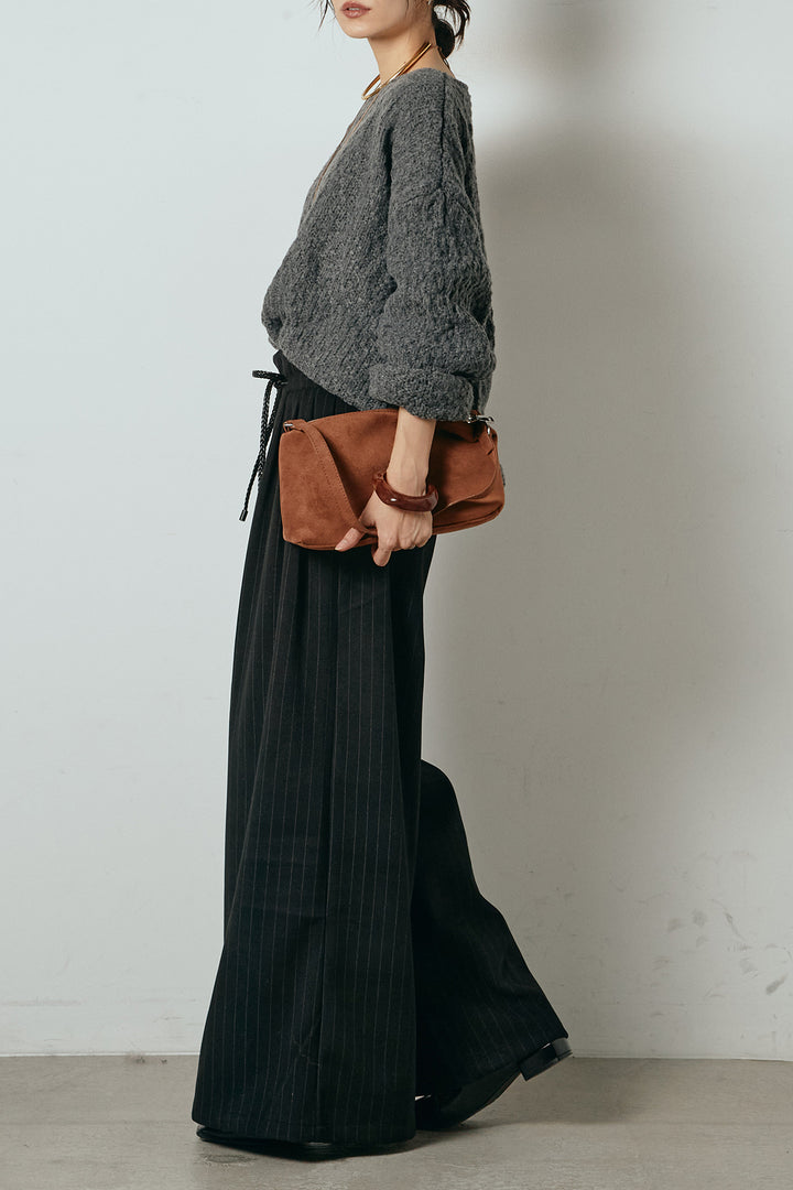 [SET]ボリューム編みニットプルオーバー+編みベルト付きピンストライプワイドパンツ(2set)